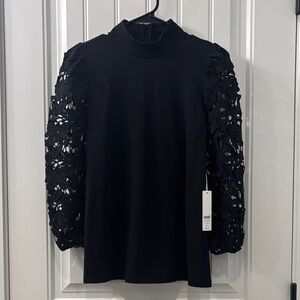 Chico's Black Knit Top with Lace Puff Sleeves